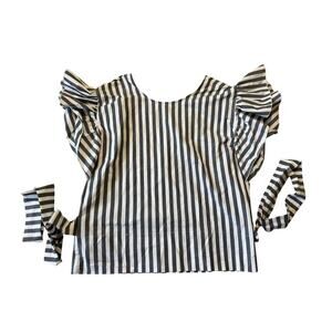 CHEPE ruffled sleeve blouse/shirt, small, Crisp Cotton Blend, White & Gray strip